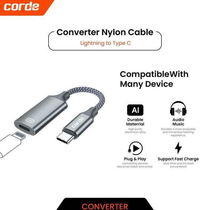 Corde Converter Lightning to Type C Support Audio & Voice Wired EarPhone Nylon Braided COG120