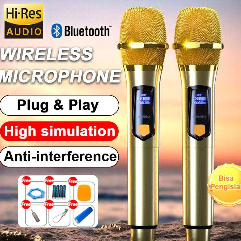 Microphone Wireless Microphone mic wireless Gold 2 Mic WIFI UHF Tanpa Kabel Genggam Isi Ulang Tanpa 