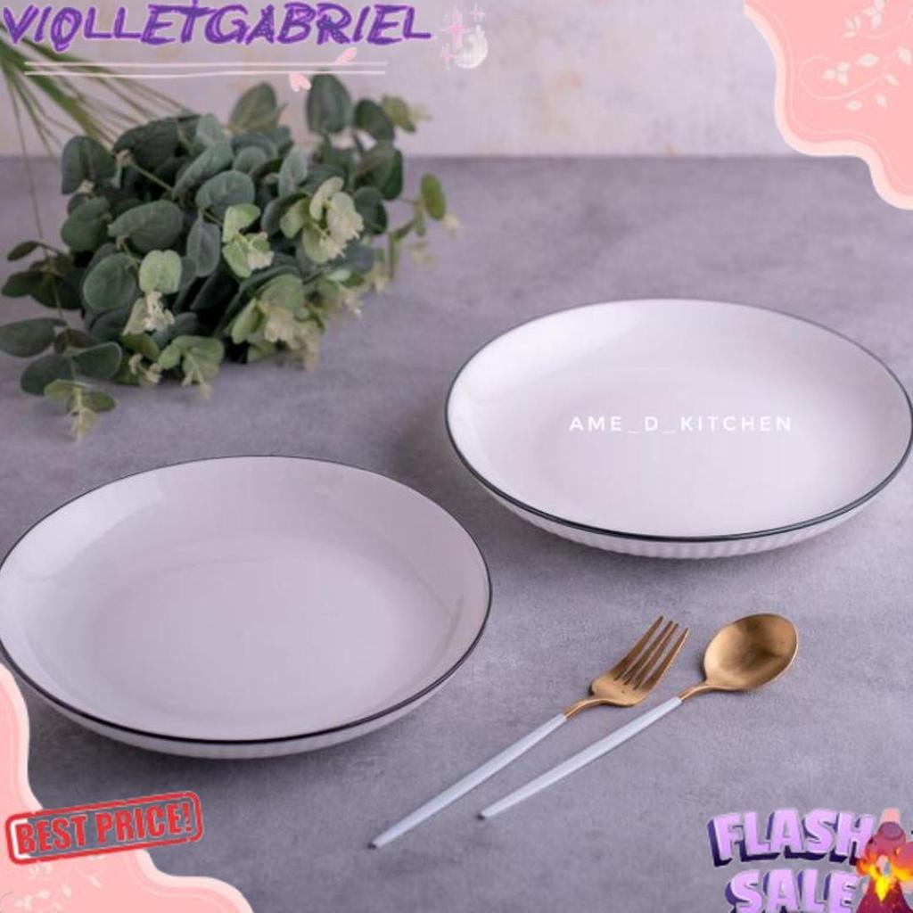 Harga Grosir Piring Bijian Bulat 7 Inch Keramik Putih Texture Garis Pelipit