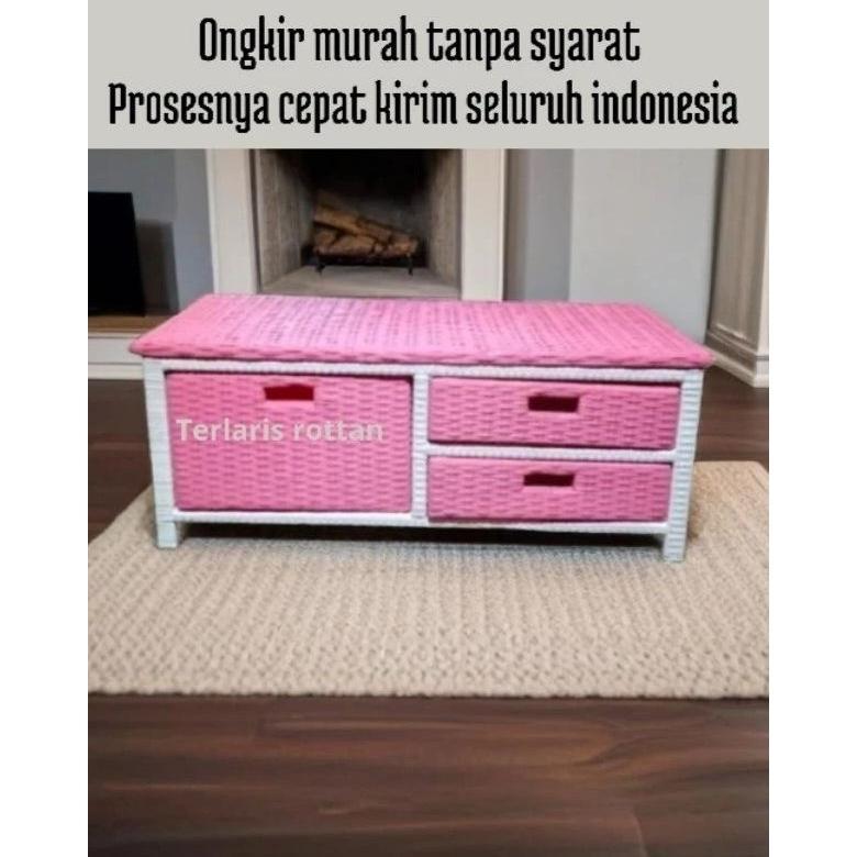 (Ready stok) Meja TV Rotan Sintetis Rak Laci 3 Rak Buku susun