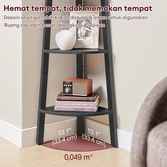 Rak Sudut Bertingkat Bentuk Kipas Pilihan Dua Warna Rangka Hitam dengan Motif Kayu Gelap Rangka Puti