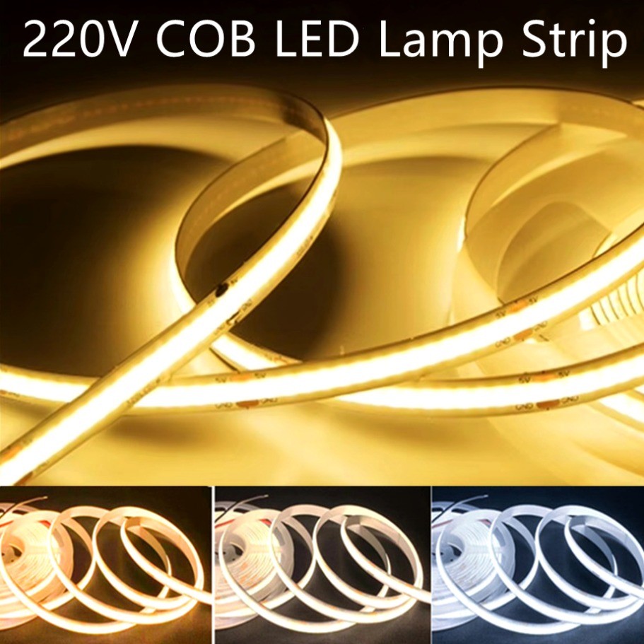1-5m COB LED Light Strip 220V Lampu Pita Fleksibel Smart IC Tidak Perlu Pencahayaan Linier Driver Ti