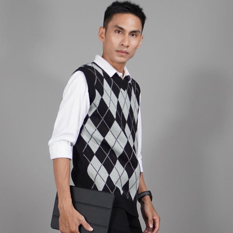 Okechuku Rompi Rajut Motif Kotak Pria Knit Vest Pria Rompi Rajut Seragam