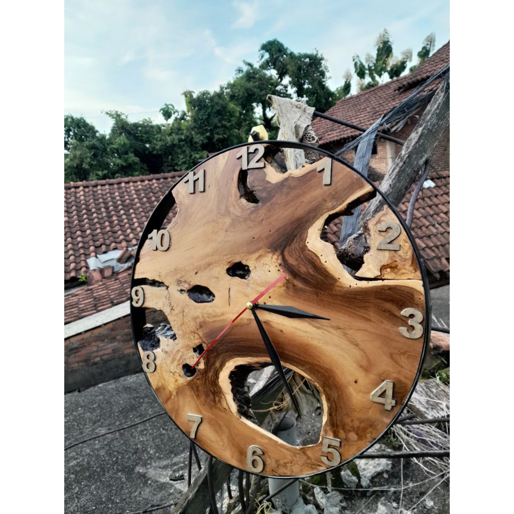 jam antik kayu kombinasi besi premium cantik diameter 40cm antik kayu