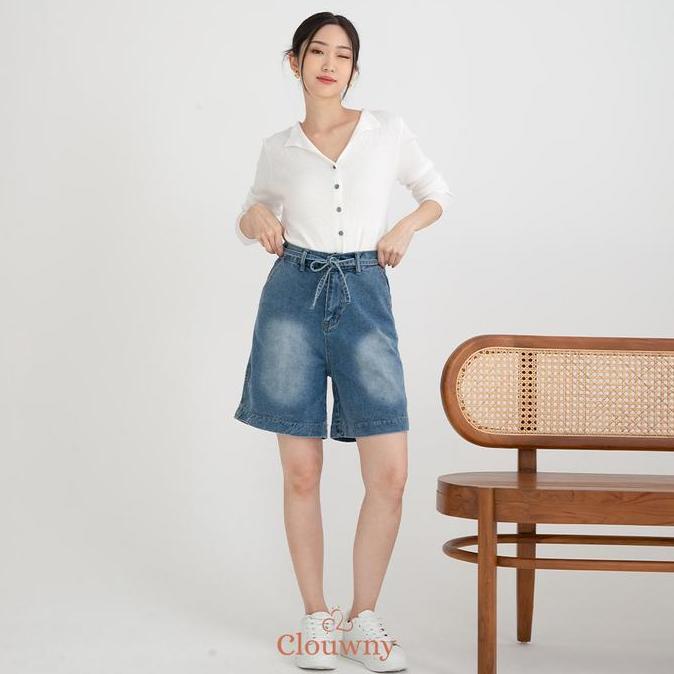 Terlaris Clouwny Rexa Midi Shorts Celana Jeans Pendek Wanita Korean Look Hitam Cewek