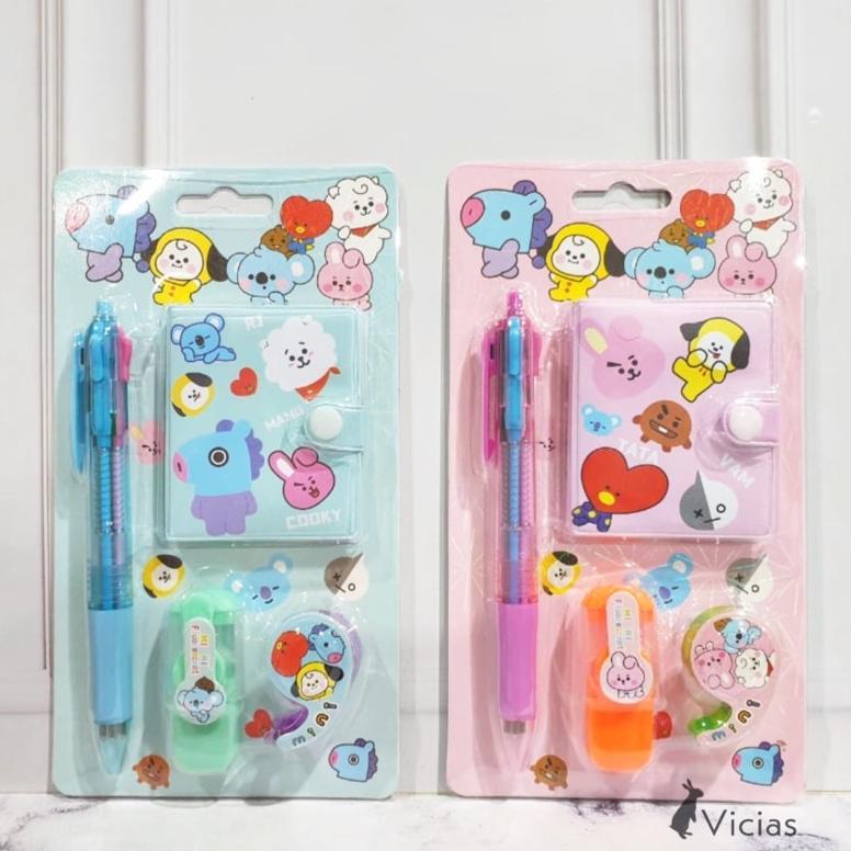 1 Set Alat Tulis 4In1 Buku Pulpen Highlighter Tape Bts Notebook Bt21 Murah Terlaris