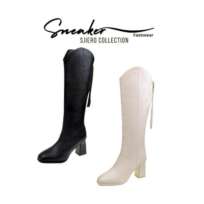 Sepatu Boots Panjang Hak tinggi wanita Fashion shoes SFW 285 tapak karet warna putih dan hitam