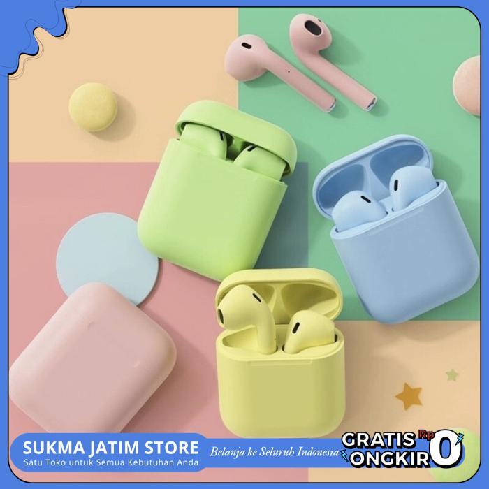 HEADSET BLUETOOTH I12 TWS MAKARON INPODS HF BT WIRELESS ANDROID MACARON WARNA WARNI POPULER