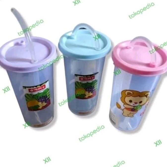 LION STAR GL~14 Kids Water Drink Bottle 280 ml Botol Gelas Plastik Minum Anak dengan Tutup dan Sedot