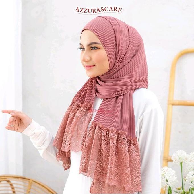 Pashmina Plisket Renda - Azzura Scarf (Kerudung Lace Import Premium Wanita Muslim) Square Instan