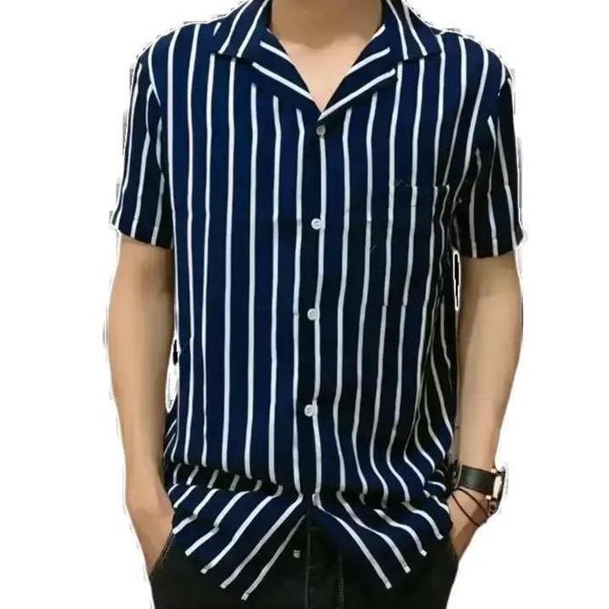 SimpleDay 2.2 Baju Kemeja Casual Motif Salur Panjang Pria Dewasa Lengan Pendek V-Neck Vintage Bahan 
