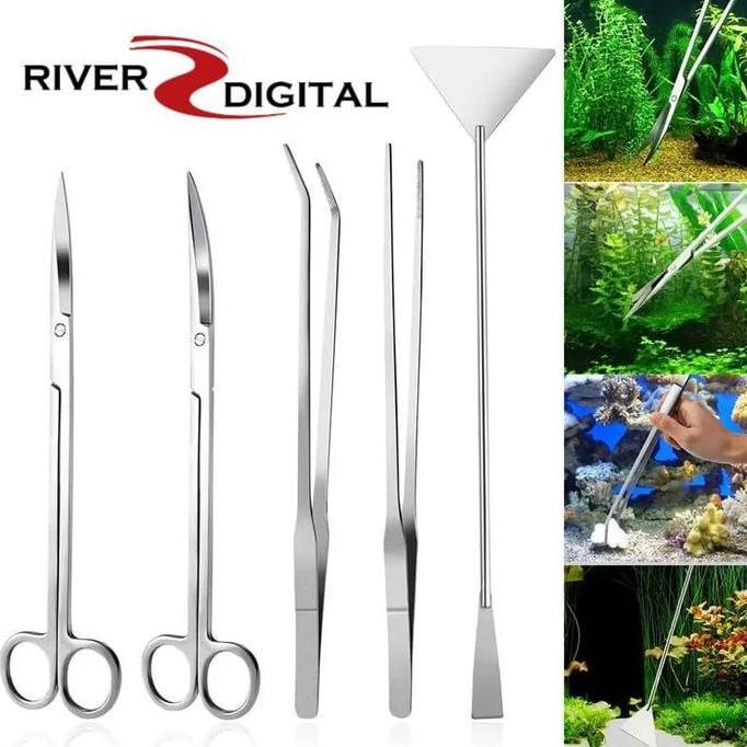 Aquascape 5 in 1 Tool Set / Scaper / Gunting Bengkok / Pinset