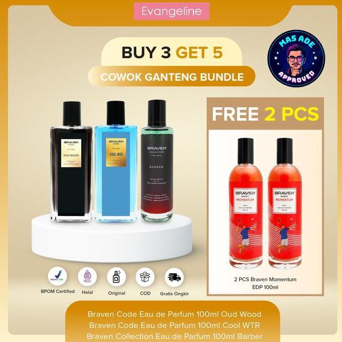 Cogan Buy 3 Get 5Cowok Ganteng Bundle | Braven Eau De Parfum 100Ml - Cool Wtr - Barber - Oud Wood - 