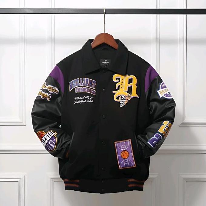 VARSITY JACKET BRILLIANT COMEBACK BLACK | JAKET BASKETBALL HITAM BASEBALL FULL BORDIR KULIT SINTETIS