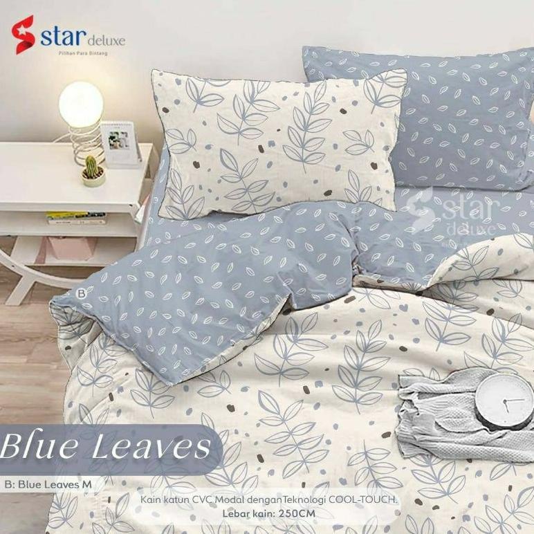 Bedcover + sprei anti geser katun star motif BLUE LEAVES kombinasi bunga putih dan biru