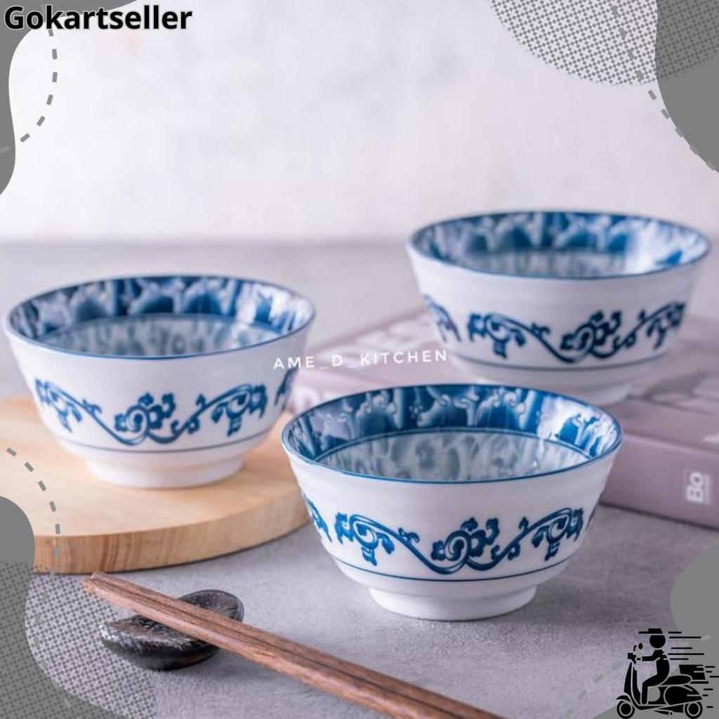 Cuci Gudang Mangkok Bijian Keramik 4.5" Motif Ornament Bunga Biru Full