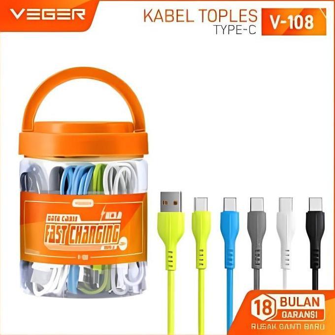 New- VEGER V-108 Kabel Data Type-C USB (1 Toples isi 20PCS) QC 3.0A ORI