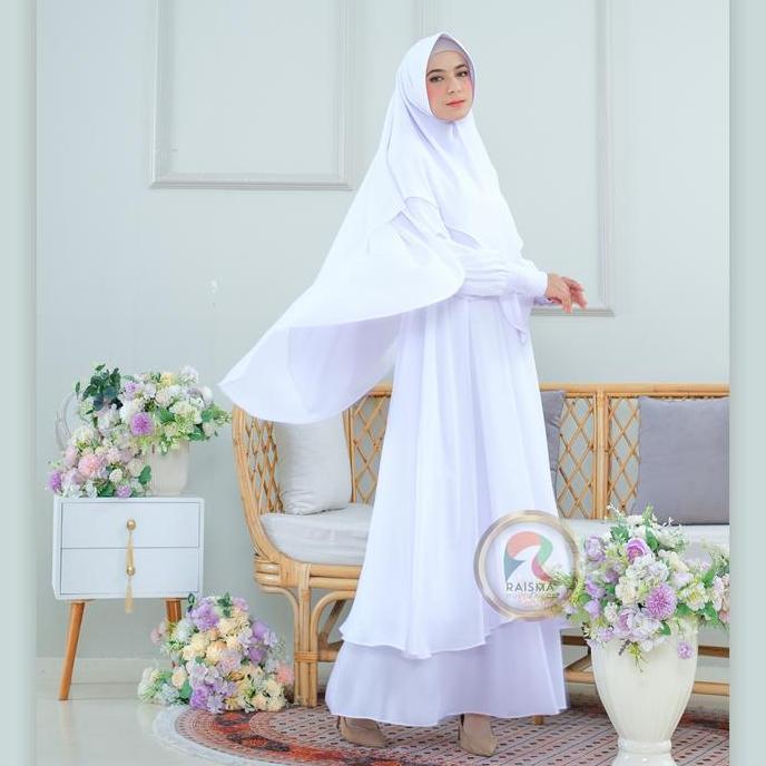 Promo Raisma - Mafaza Gamis Syar'I Putih Set Khimar Yulita Bahan Ceruti Babydoll Baju Umroh Haji Mus