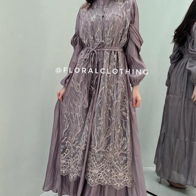 Murah F519 Dress Gamis Kondangan Korean Style / Gamis Pesta / Gamis Syari Bunga Bunga Bunga Bunga