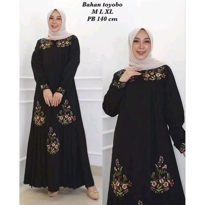 Sale Gamis Bordir Bunga Toyobo Premium Busui Friendly Wudhu Friendly - Radiafashion - Pesta, Katun, 