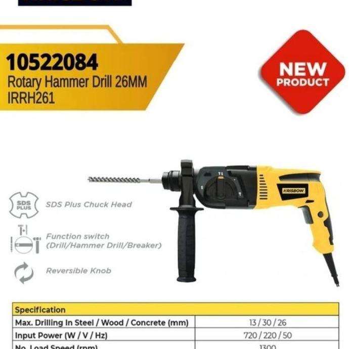 Terlaris Krisbow Bor Bobok Beton 26Mm/ Rotary Hammer Drill 26Mm 720W Irrh26