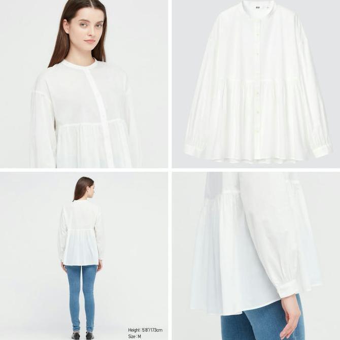 UNIQLO-WOMEN BLUS KATUN GATHERED LENGAN PANJANG