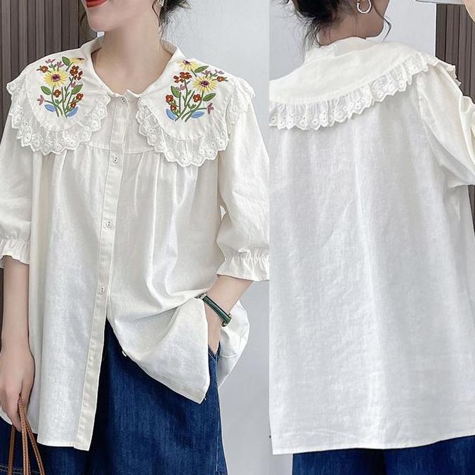 BLUS KATUN PUTIH IVORY OVERSIZED KERAH LEBAR BORDIR BUNGA & RENDA KOREA IMPORT