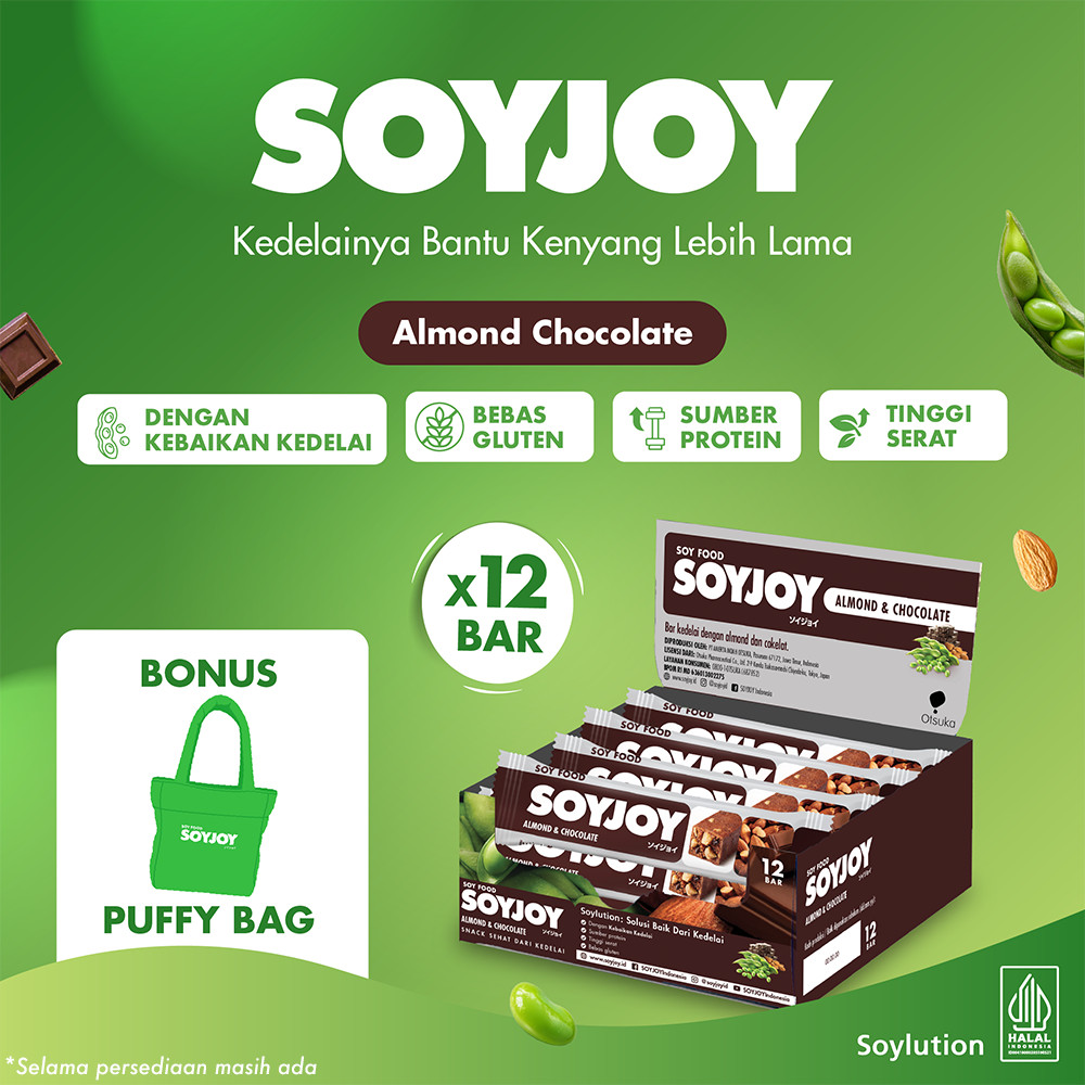 SOYJOY Snack Bar Kedelai Almond & Chocolate 12 Bar - BONUS SOYJOY Puffy Bag