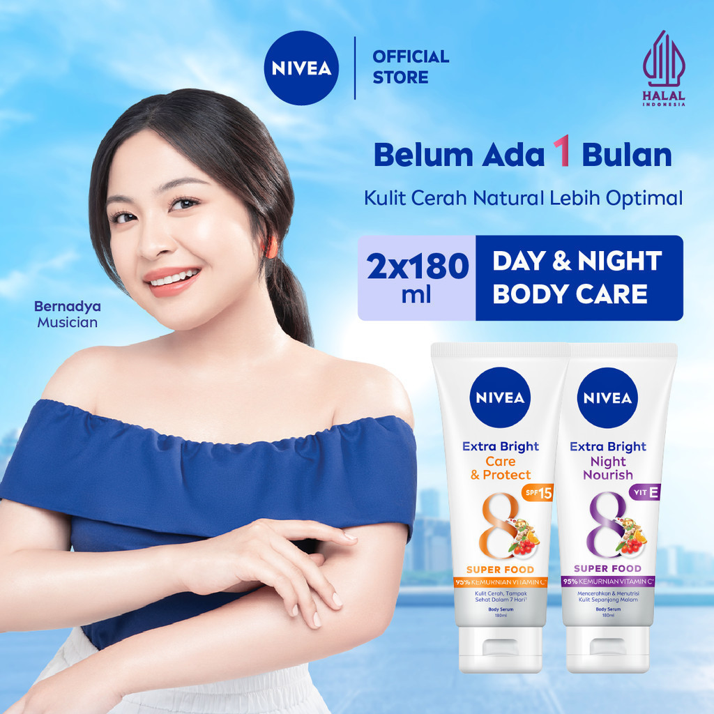 NIVEA Body Serum Extra Bright Day & Night (Care & Protect + Night Nourish) 180ml x2 - Merawat & menc