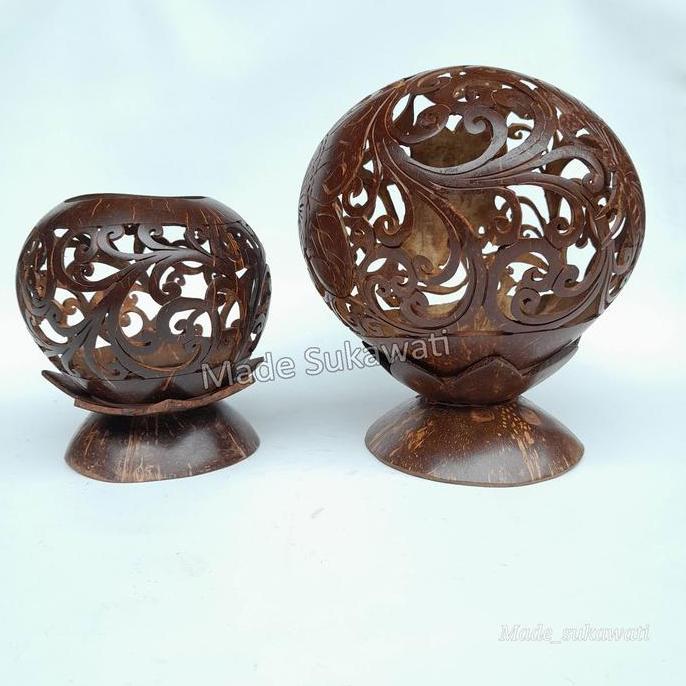 Kerajinan Hiasan Batok kelapa ukir wadah tempat lampu lilin handmade dekorasi bali