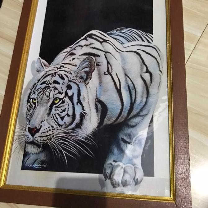 Hiasan dinding poster harimau putih 3D plus bingkai Gantungan Paku Gold