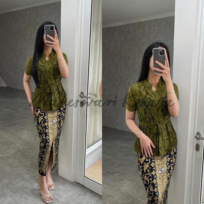 Kebaya Bali Set Brukat Talipita Hijau Army