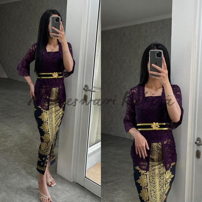 Kebaya Bali Set Brukat Lonceng Ungu Juwet