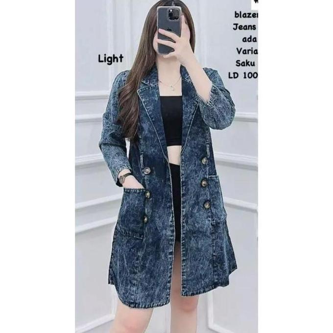 Long blazer jeans tebal lengan panjang varian kancing depan/outer tunik jeans bkk Kantong Lembut Den