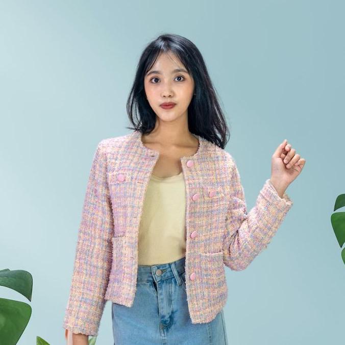 FOLADY - P456 Atasan Blazer Tweed Rainbow Wanita Import Lengan Panjang Full Kancing Dua Saku Hidup S