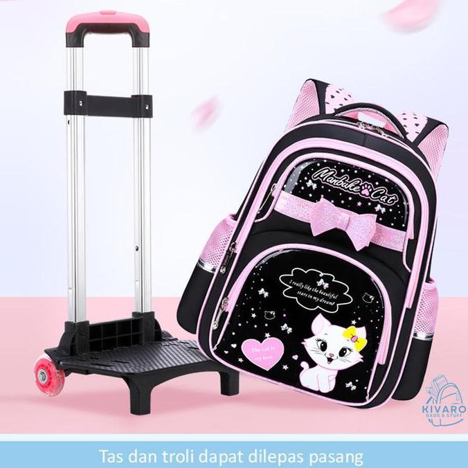 Tas Troli Roda Anak Perempuan Sd Bisa Lepas Pasang Cat Black Pink Dapat Slingbag & Kotak Pensil | Ki