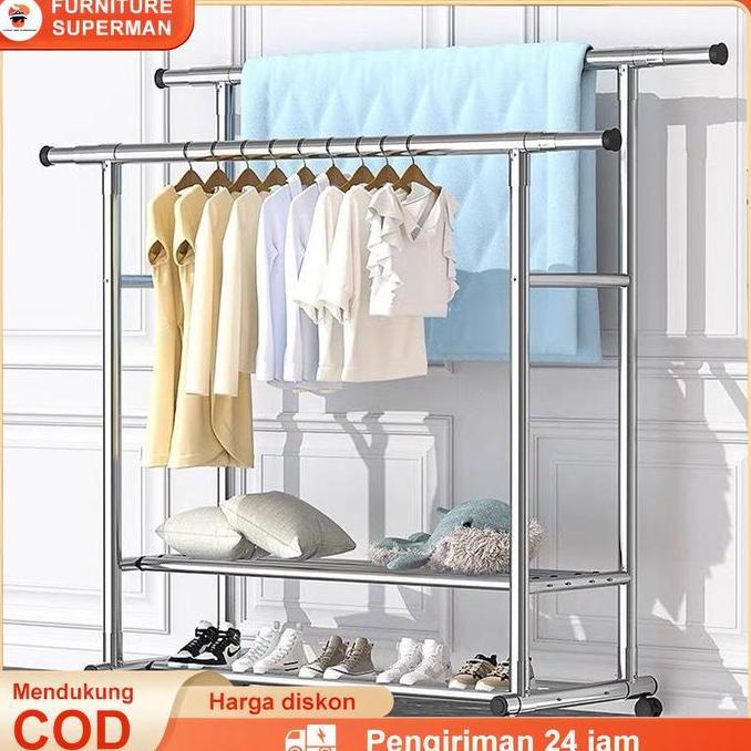 Rak Gantungan Baju Berdiri Stainless Steel Tebal Jemuran Baju Stainless Jemuran baju Dobel Pool Roda