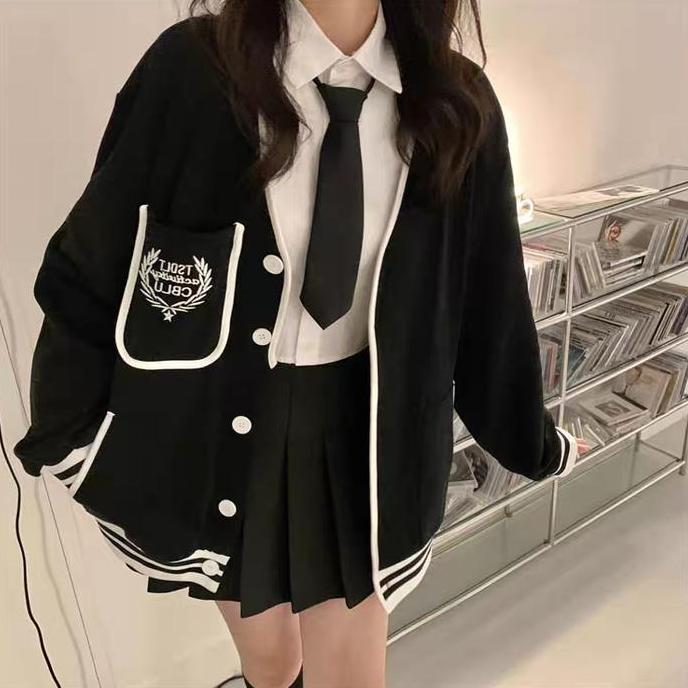 Jaket longgar lengan panjang kasual pelajar seragam bisbol wanita gaya Korea Putih Hitam Blazer Pend
