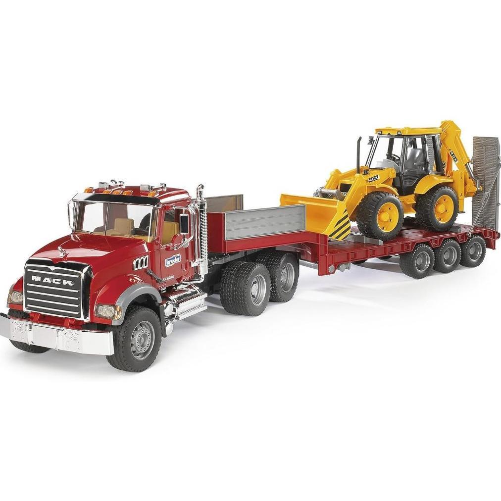 Bruder Toys 02813 Mack Granite Flatbed Truck with JCB Loader Backhoe