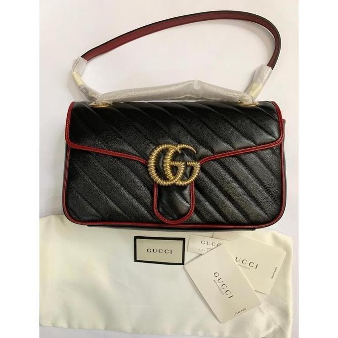 TAS AUTHENTIC WANITA GUCCI DIAGONAL GG MARMONT SMALL BLACK GHW BAG
