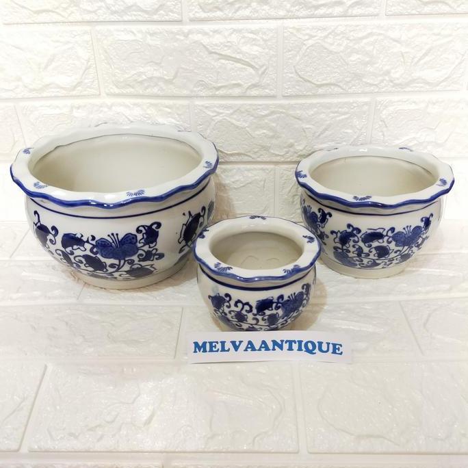 Pot Tanam Keramik Biru Putih Bulat