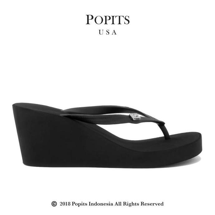 Popits USA - Classic Wedges Tall - Sandal Wanita Jepit Hitam dengan Tali Rubber & Alas Sponge Eva Ti