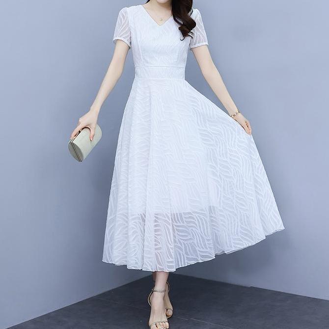FANMU  Gaun Putih Korea Baru/Pendek -Sleeved V -Neck Chiffon Long Rok/korean style dress/dress konda