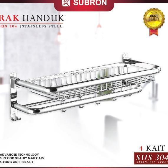 SUBRON SUS 304 Rak Dinding Kamar Mandi 4 Kait Tempat Penyimpanan Handuk Baju Multifungsi Stainless S