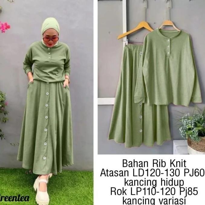 Baju Setelan Rok Wanita Jumbo Size Xxl Ld 120 Knit Button Bertha Atasan Fit Muslim Panjang Rib Bawah