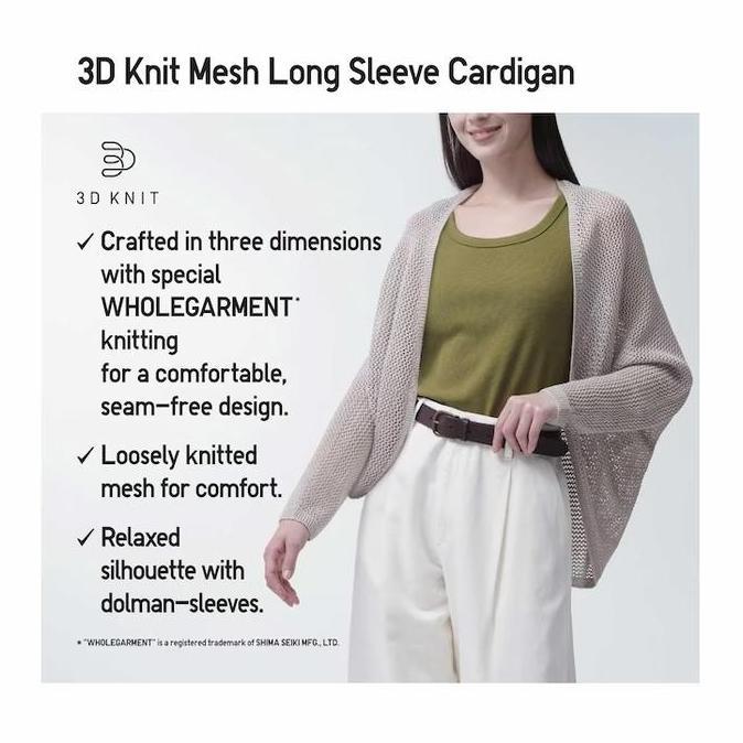 Women Kardan Mesh Rajut 3D Lengan Panjang Cardan Knit Mesh UNIQLO