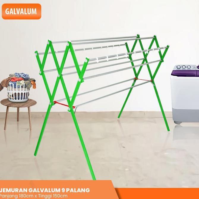 Jemuran Pakaian Baju dan Handuk Besar Aluminium Galvalum Kokoh 9 Palang Dapat dilipat
