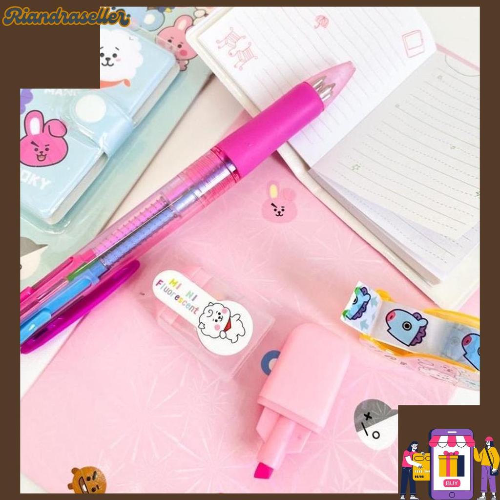 1 Set Alat Tulis 4in1 Buku Pulpen Highlighter Tape BTS Notebook BT21 Murah Cuci Gudang