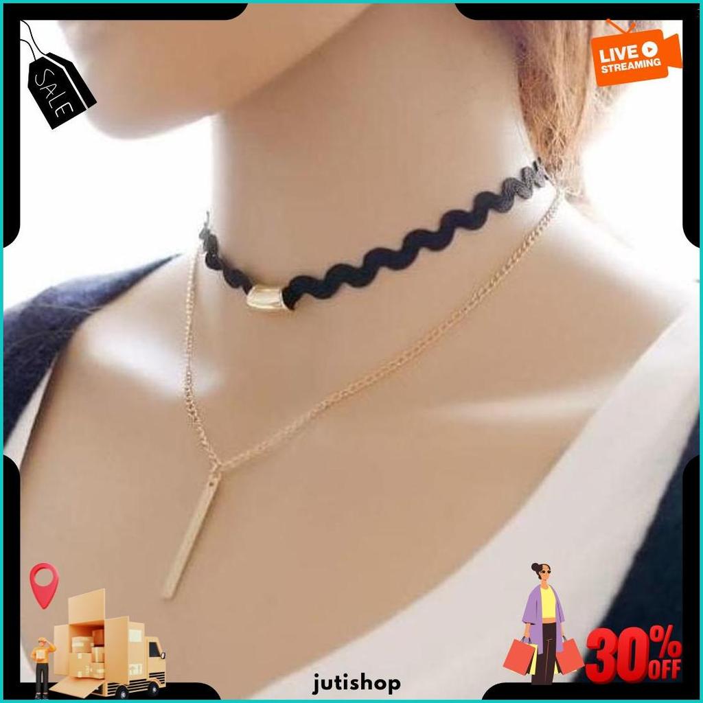 Choker Kalung Korea Fashion Hitam Alloy Emas Siap Kirim