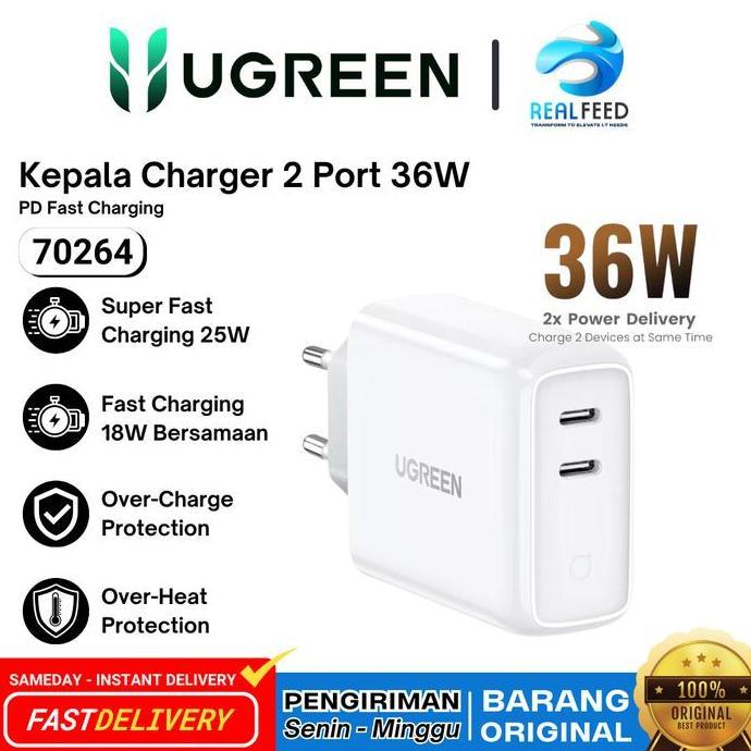 HARGA DISC - Kepala Charger 2 PORT USB Type C PD 36W Fast Charging CD199 Ugreen 70264 Garansi Resmi